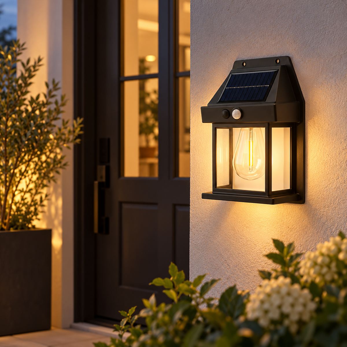 Solar lantern illuminated outdoor entryway