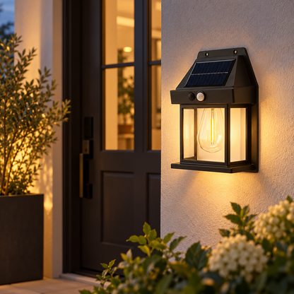Solar lantern illuminated outdoor entryway