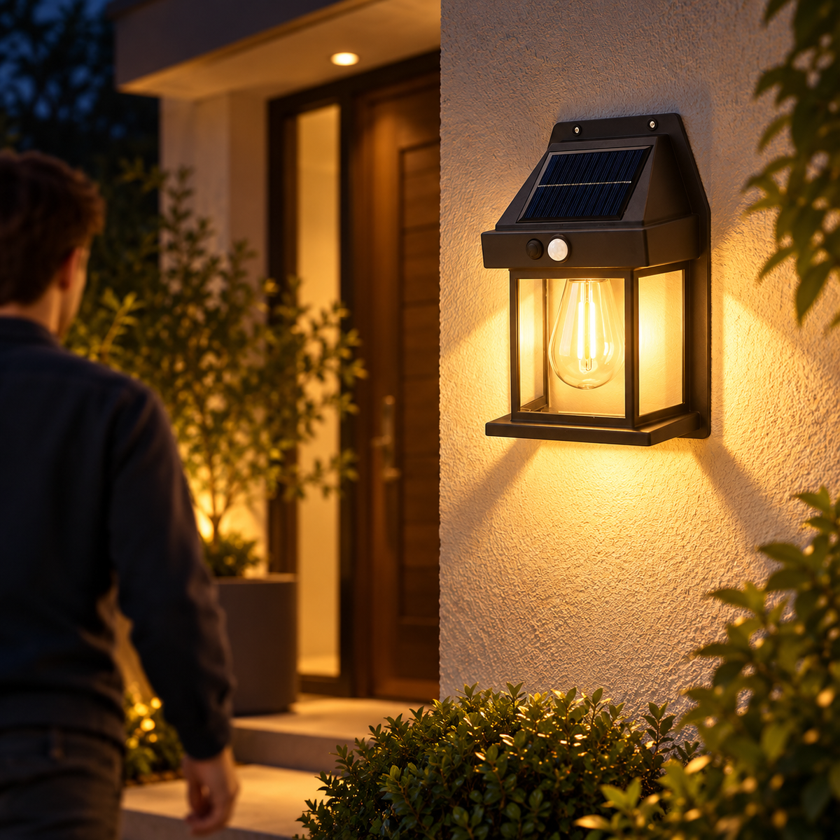 Warm solar lantern outside front door