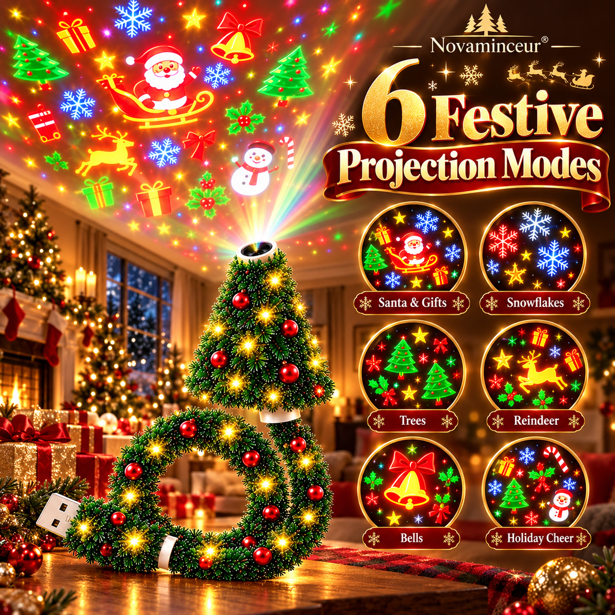 Christmas projector illuminating ceiling with colourful seasonal patterns