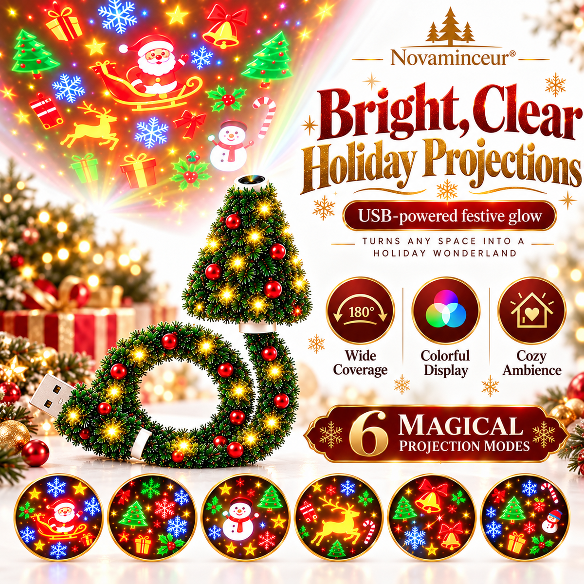 Cosy Christmas living room with colourful holiday projections