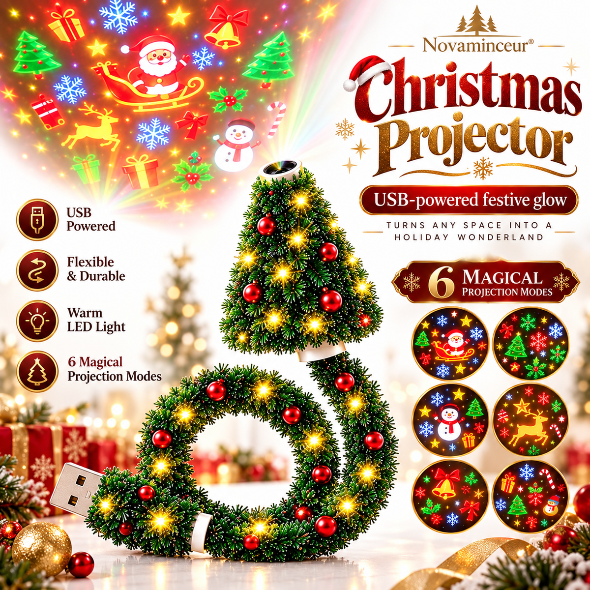 Novaminceur Christmas USB projector illuminated tree-shaped light with colourful holiday projections