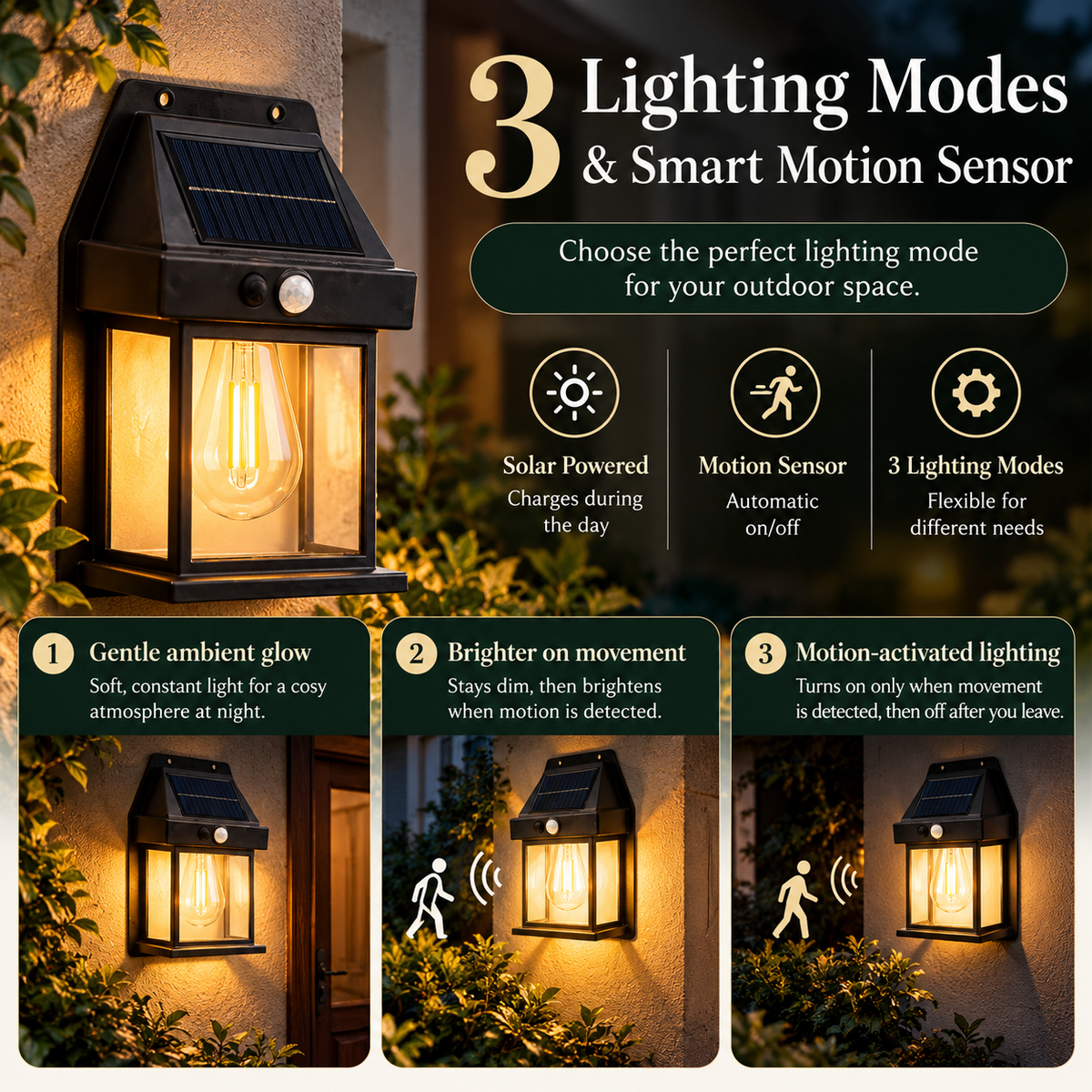 Solar lantern 3 lighting modes and smart motion sensor infographic