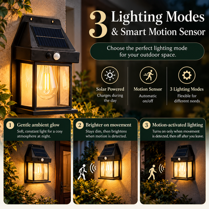 Solar lantern 3 lighting modes and smart motion sensor infographic