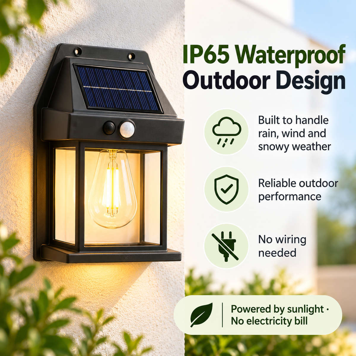 IP65 weather protection and solar power feature infographic